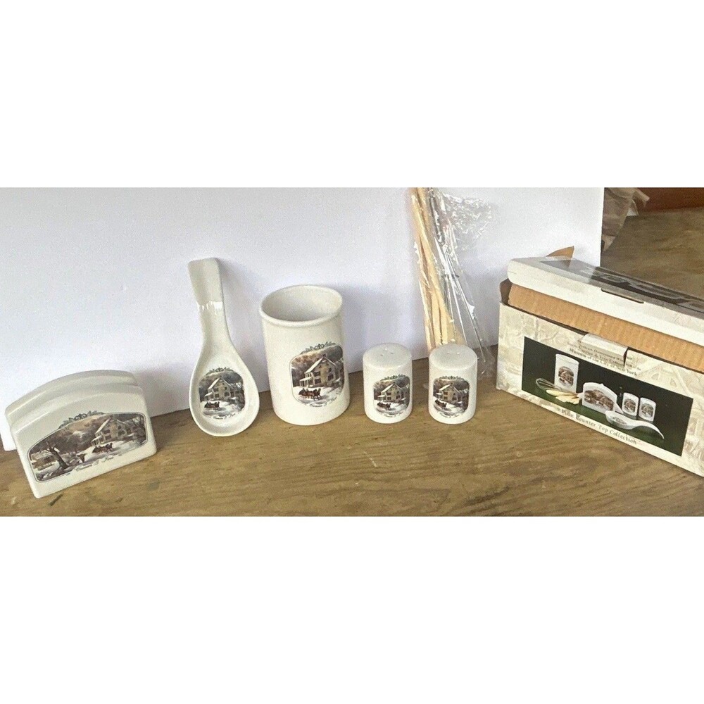 Vintage Currier and Ives 9 Pc Ceramic Tabletop Kitchen Set Box Museum City of NY